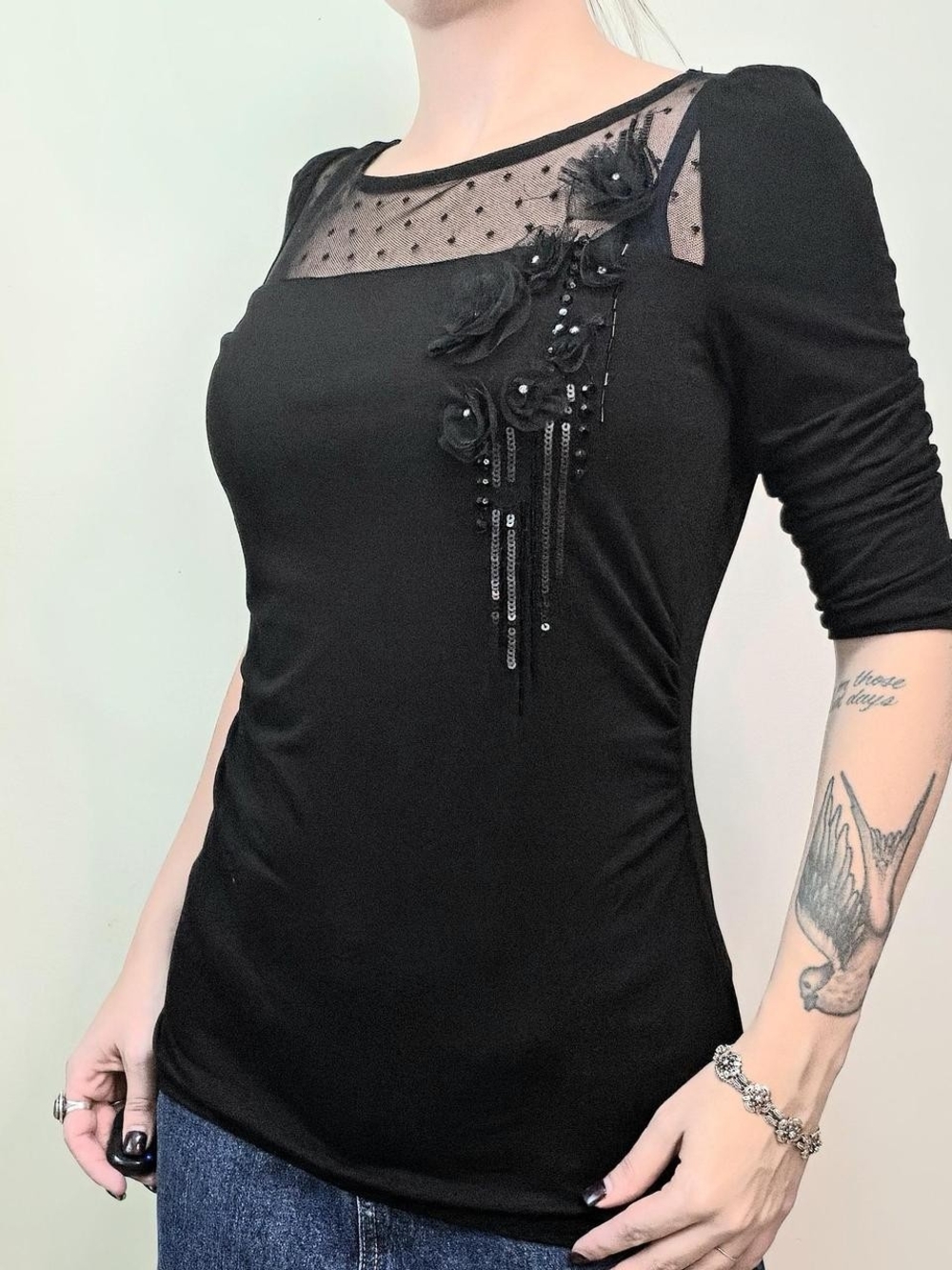 Black whimsigoth top with mesh polka dot & bow detail Size S